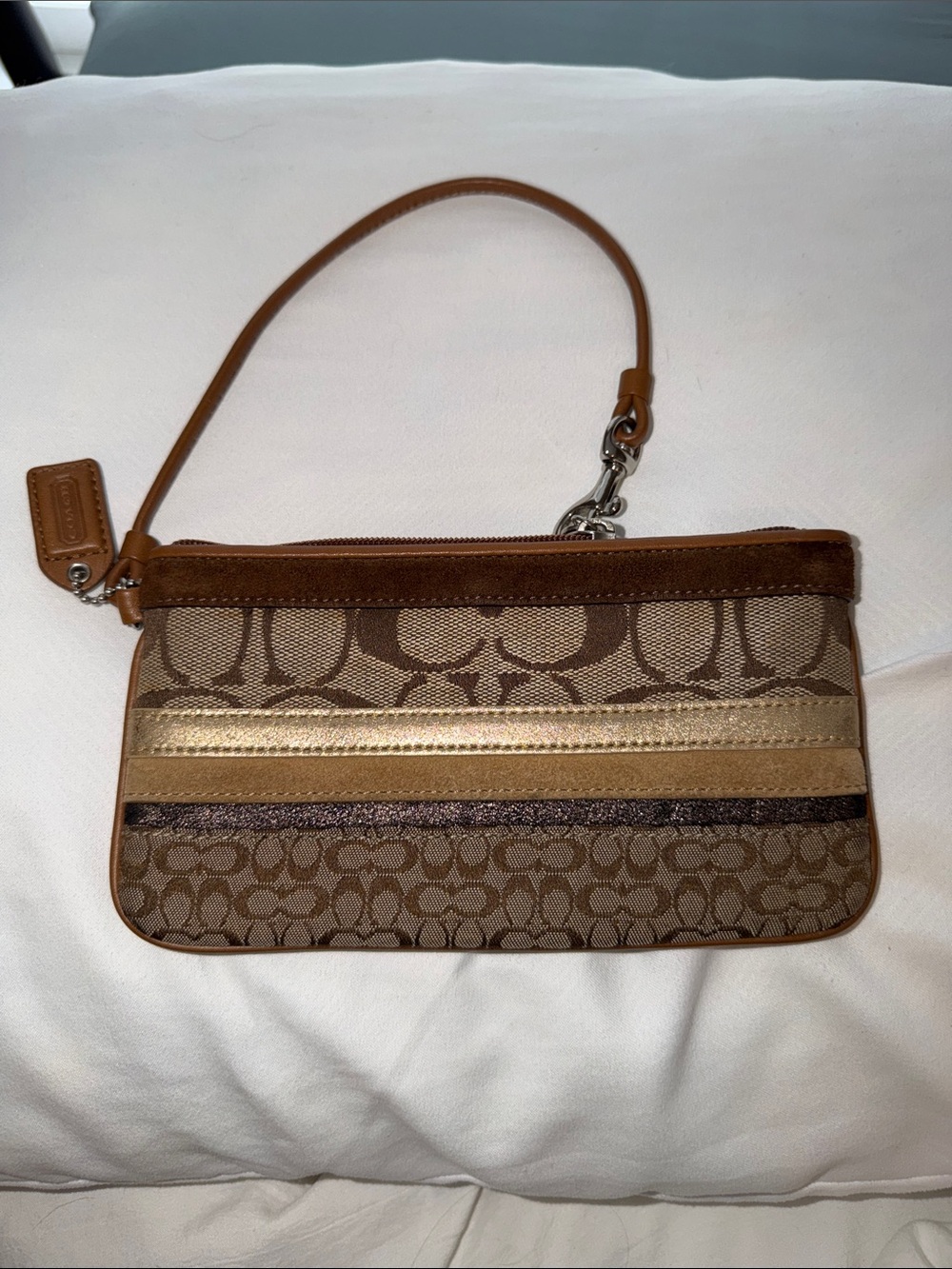 Coach Tan and Brown Signature Canvas Wristlet